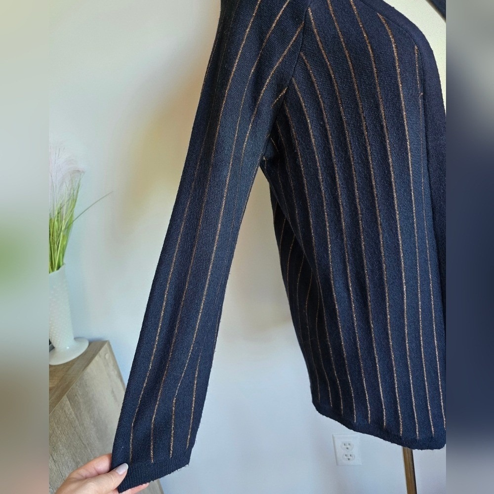 FRNCH Paris Navy Gold Shimmer Stripe Open Front Cardi Sweater SZ Medium Preppy - Picture 6 of 10